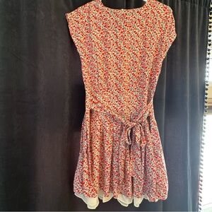 Red Floral Mini Dress Ruffle feminine Cap sleeve Spring dress Wedding Guest S